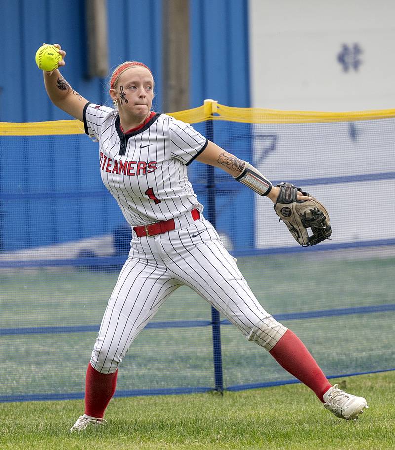 Fulton’s Belle Curley throws the ball in from left against Morrison Friday, May 22, 2026, at the Class 1A softball regional at Newman High School.