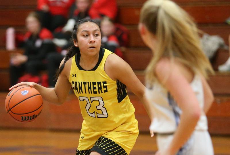 Putnam County's Valeria Villagomez looks to pass the ball against Princeton during the Princeton Holiday Girls Basketball Tournament on Tuesday, Nov. 19, 2024 at Princeton High School.