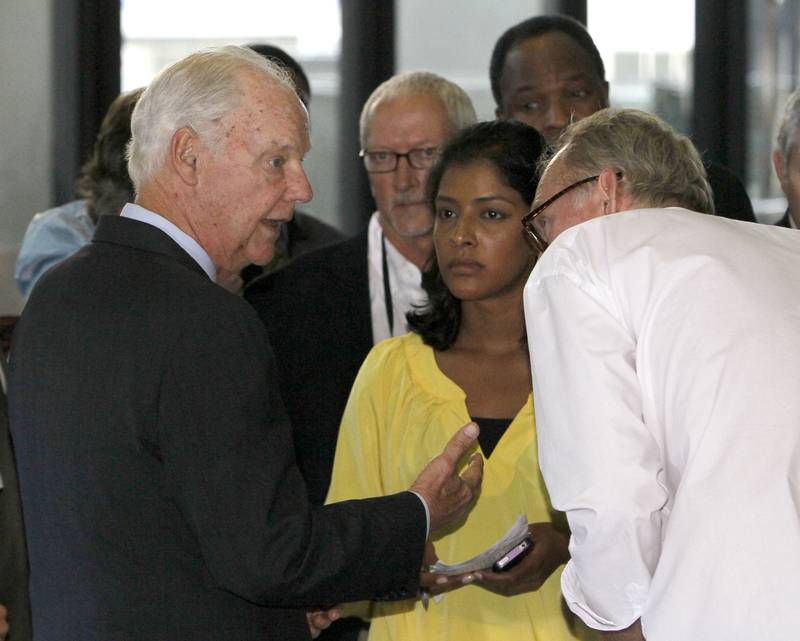 U.S. District Judge Harry Leinenweber talks with reporters after a jury returned its verdict in the trial of Chicago businessman Tahawwur Rana on Thursday, June 9, 2011 in Chicago. A federal jury convicted Rana of helping plot an attack against a Danish newspaper that printed cartoons of the Prophet Muhammad but cleared him of the most serious charge accusing him of cooperating in the deadly 2008 rampage in Mumbai. The jury reached its verdict after two days of deliberations, finding Rana guilty of providing material support to terrorism in Denmark and to the Pakistani militant group that had claimed responsibility for the three-day siege in India's largest city that left more than 160 people dead, including six Americans. (AP Photo/Charles Rex Arbogast)