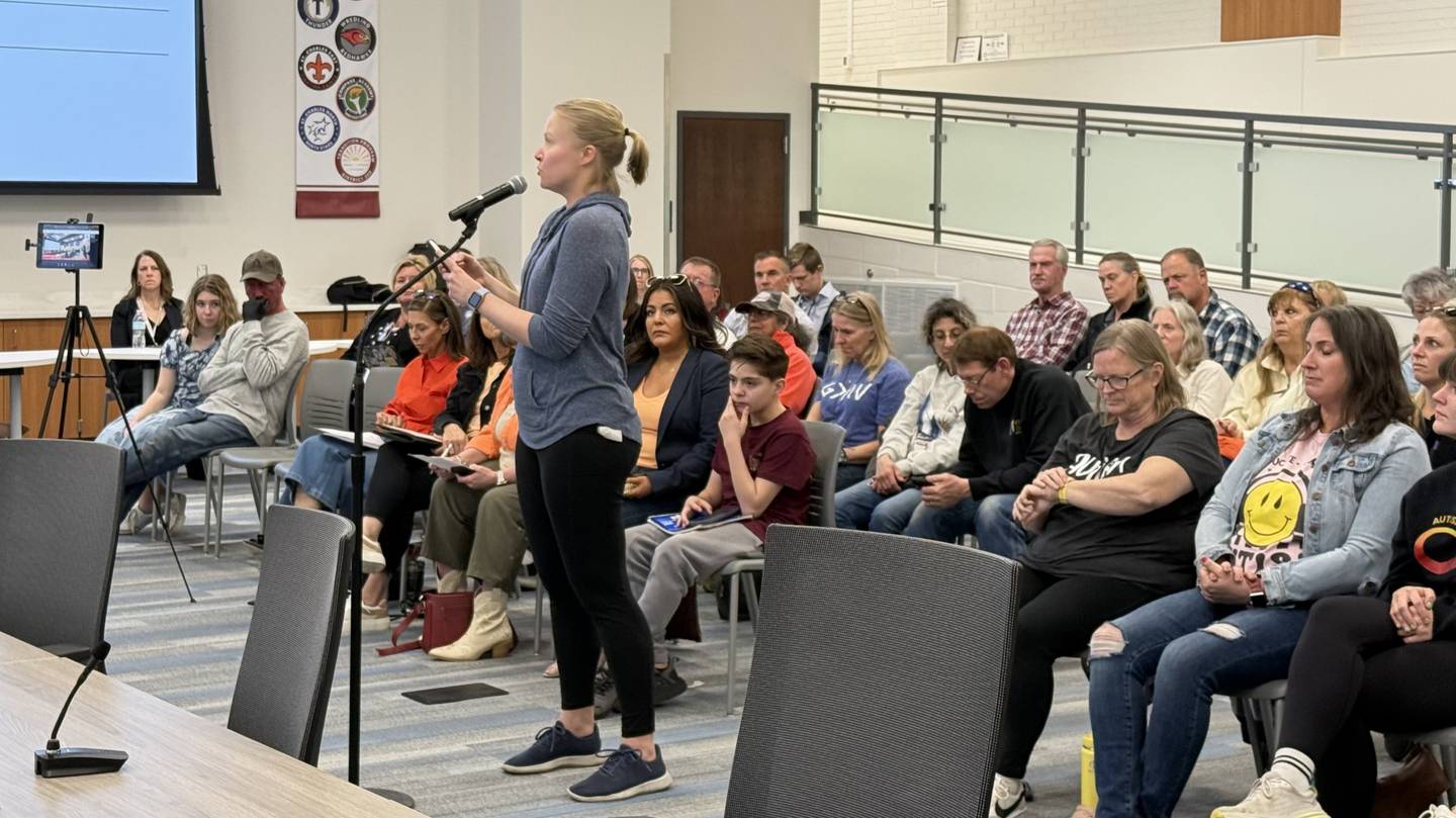 St. Charles parent Alice Froemling calls on D303 School Board members to take accountability and apologize for their lack of planning that led to the repeated transferring of ACCESS students over the past five years, during a School Board meeting on April 14, 2025.