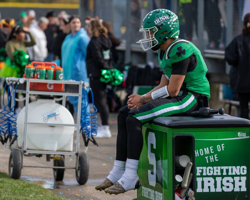 Gunnar Varland (2) of Seneca sits on trainers table awaiting team to go back on the offense on Saturday, November 1, 2025 at Seneca High School in Seneca.