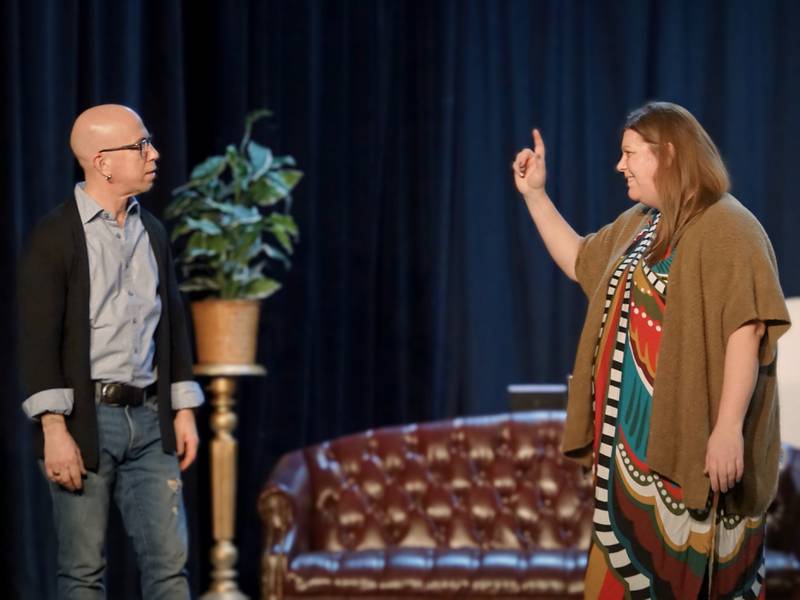 Cleetus Friedman (left) as the title character in "Jake's Women" rehearses a scene with Lisa Gifford, as Karen, at Stage 212 in La Salle.