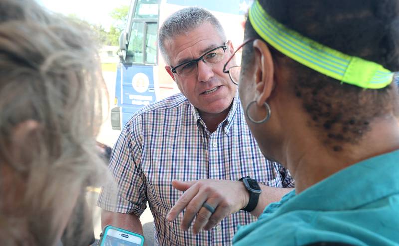 Darren Bailey, a Republican candidate for Illinois governor, talks to supporters Friday, June 17, 2022, during his campaign stop at Tom and Jerry's in Sycamore. Bailey is currently on a bus tour across the state that will cover 102 countys in 14 days.