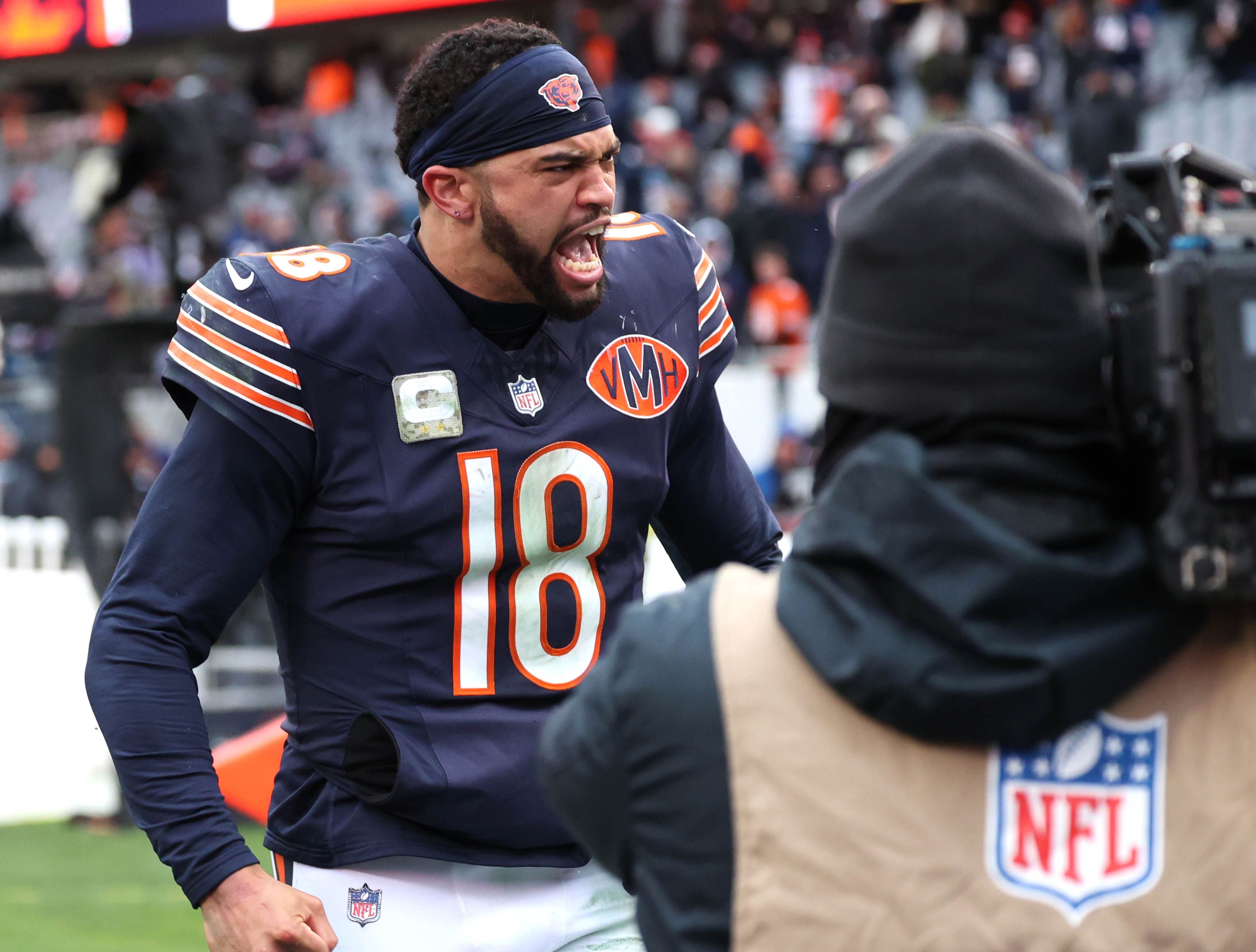 Chicago Bears quarterback Caleb Williams celebrates Sunday, Nov. 9, 2025, after their 24-20 win over the New York Giants at Soldier Field in Chicago.