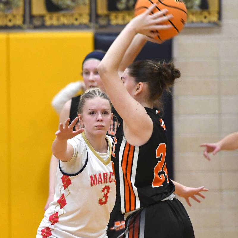 Polo's Carlee Grobe (3) focuses on the basketball as she defends against Milledgeville on Saturday, Jan. 24, 2026 at Polo High School.