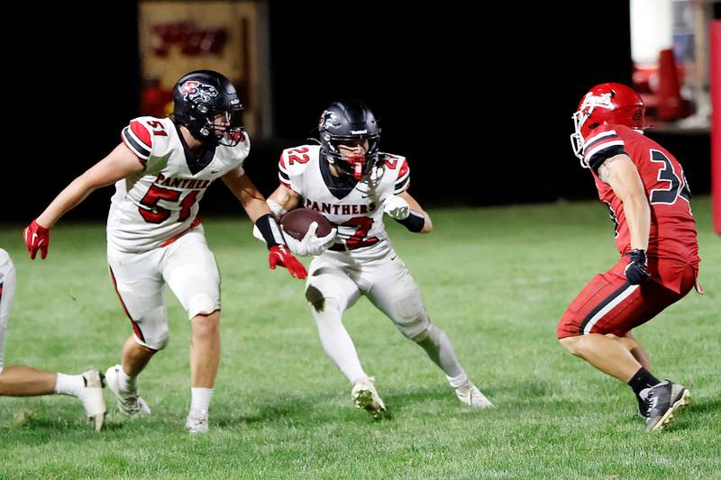 The Panthers traveled to Hall High School Friday night for the 2nd game of the season. Here, #22 Tristan Hovey and #51 Derek Naftzger charged up the field as #34 Aiden Radcliff tried to head them off. EP ended the contest with their 2nd win 19-7.