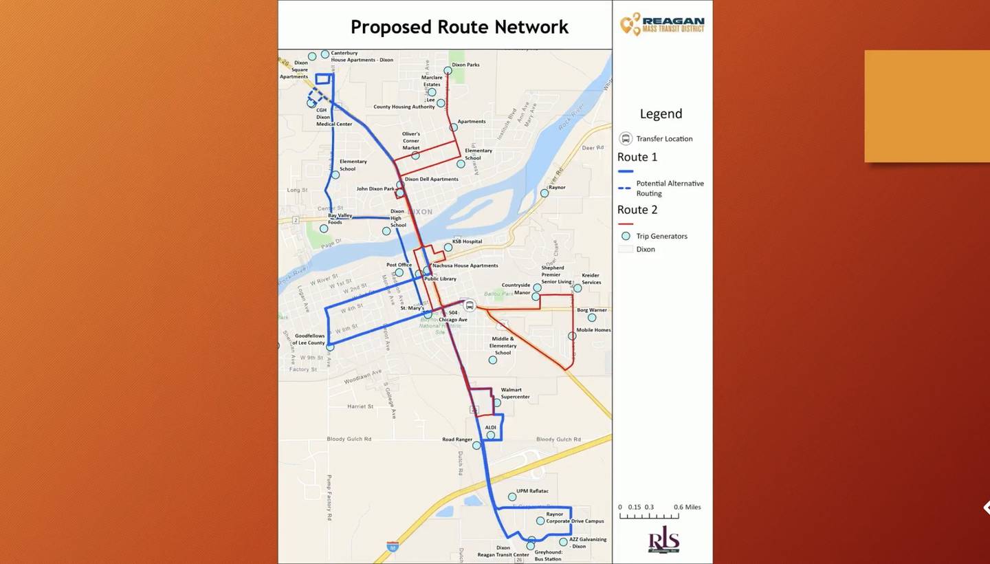 A screenshot from the live streamed Dixon City Council meeting on Monday, Aug. 19, 2024, which shows a potential route network designed by Reagan Mass Transit District and RLS & Associates. RMTD is finalizing it's plans to offer a fixed two-route bus service in Dixon.
