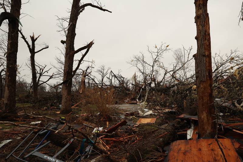 Damage is seen along Elmwood Drive in Aroma Park  on March 11, 2026 following a March 10 tornado that passed through Kankakee County.