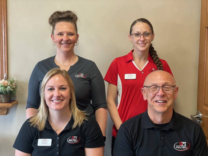 Sara Grieff (front, left) and Dennis Nink have joined the staff of Doctors of Physical Therapy Princeton. They are pictured with Tricia Burden (back row, left) and Trishia Johnson