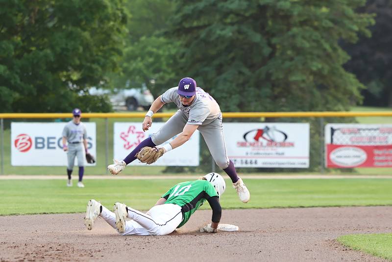 Wilmington senior Lucas Rink looks to tag a runner out at second during the Wildcats' 4-0 loss to Eureka in the IHSA Class 2A Geneseo Super-Sectional on Monday, June 2, 2025.