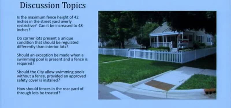 Geneva aldermen discussed changing the maximum height of fences to 48 inches from 42 inches at a special Committee of the Whole meeting. Staff will bring recommendations for code amendments at a future meeting.