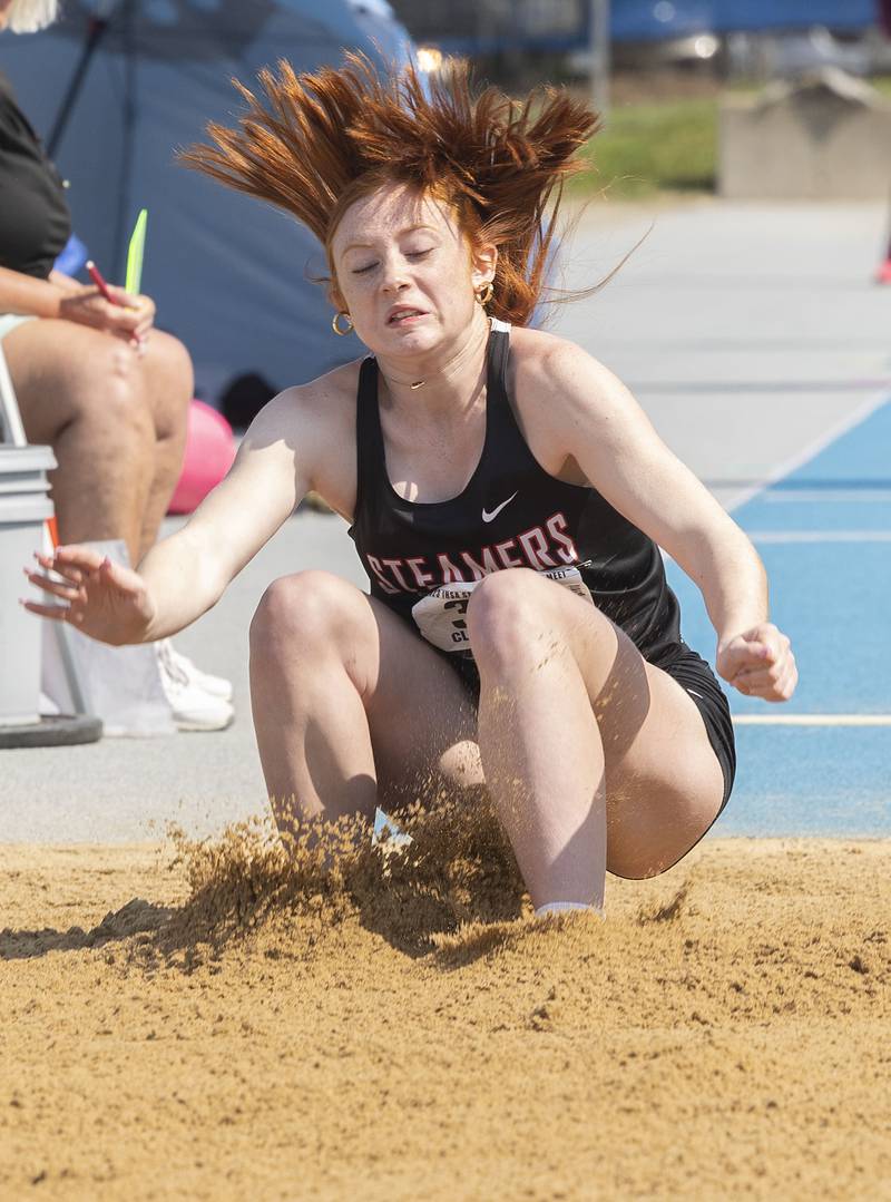 Fulton’s Paige Cramer lands her jump in the 1A long jump Saturday, May 20, 2023 during the IHSA state track and field finals at Eastern Illinois University in Charleston.