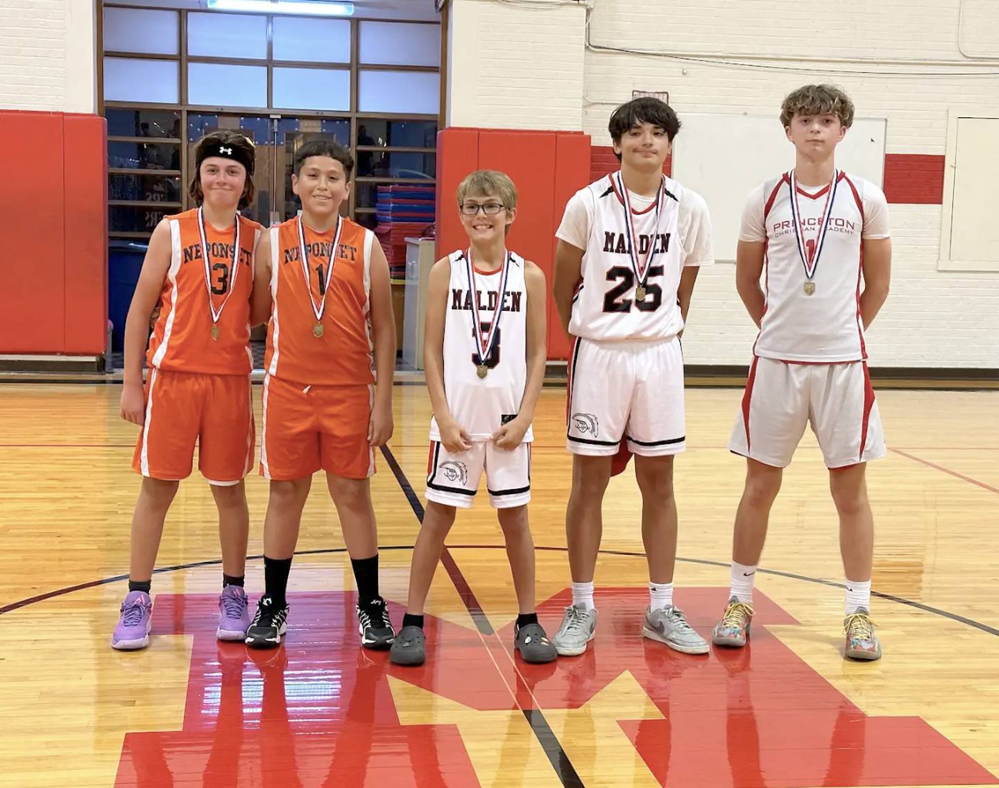 Selected to the 2024 Malden All-Tournament Team are from left to right Easton Blake and Xavi Arjon of Neponset, Matthew Bohms and Joseph Perez of Malden and Julian Mucha of Princeton Christian Academy.