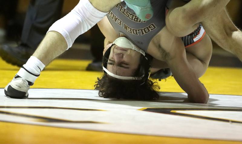 Jacobs’ Ryan Chehade, front, battles Crystal Lake Central’s Abe Palomino at138 pounds in varsity wrestling on Thursday, Jan. 16, 2025, at Jacobs High School in Algonquin.