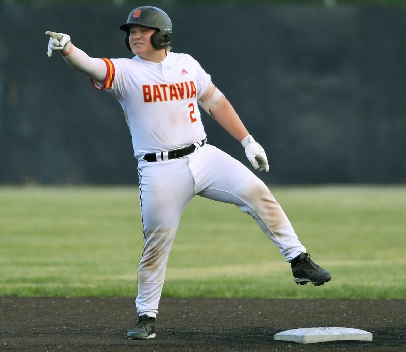Batavia’s Henry Saul reacts after a double against Wheaton Warrenville South in a Class 4A sectional semifinal game in Elgin on Wednesday, May 31, 2023.