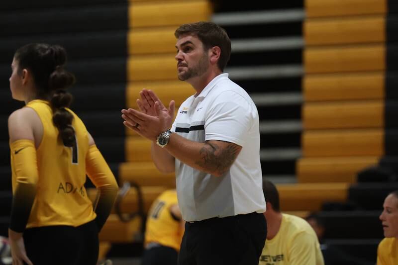 Joliet West head coach Chris Lincoln encourages his players at the start of the second set against Plainfield North on Wednesday, Sept. 6, 2023 in Joliet.