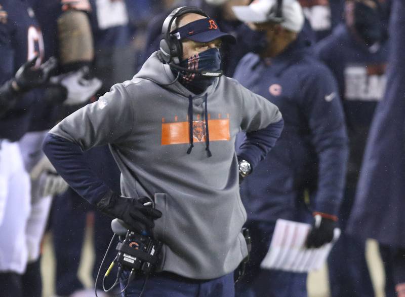 Chicago Bears head coach Matt Nagy watches his team as they play the Green Bay Packers Sunday at Soldier Field in Chicago.