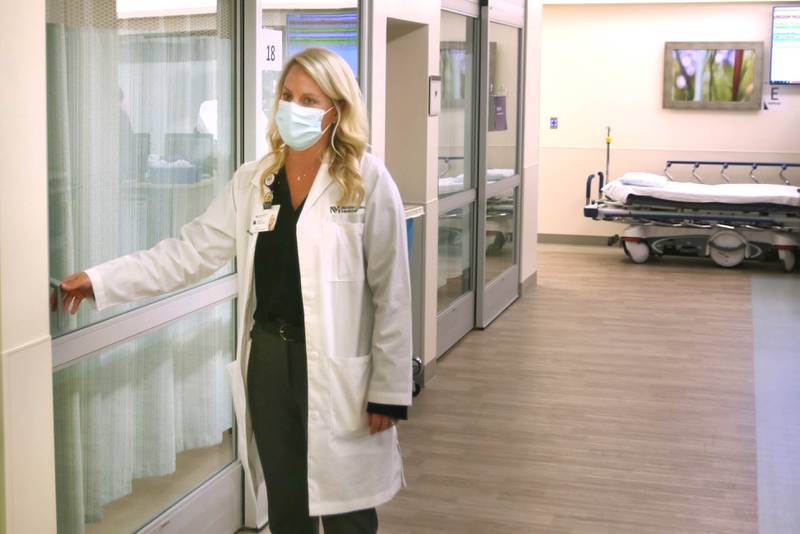 Kristen Tindall, emergency department manager at Northwestern Medicine Kishwaukee Hospital, talks Wednesday, Oct. 20, 2021, about some of the new patient rooms during a tour of the recently opened phase 1 at the facility. The full $12 million renovation of the emergency department is expected to be completed in Sept. 2022.