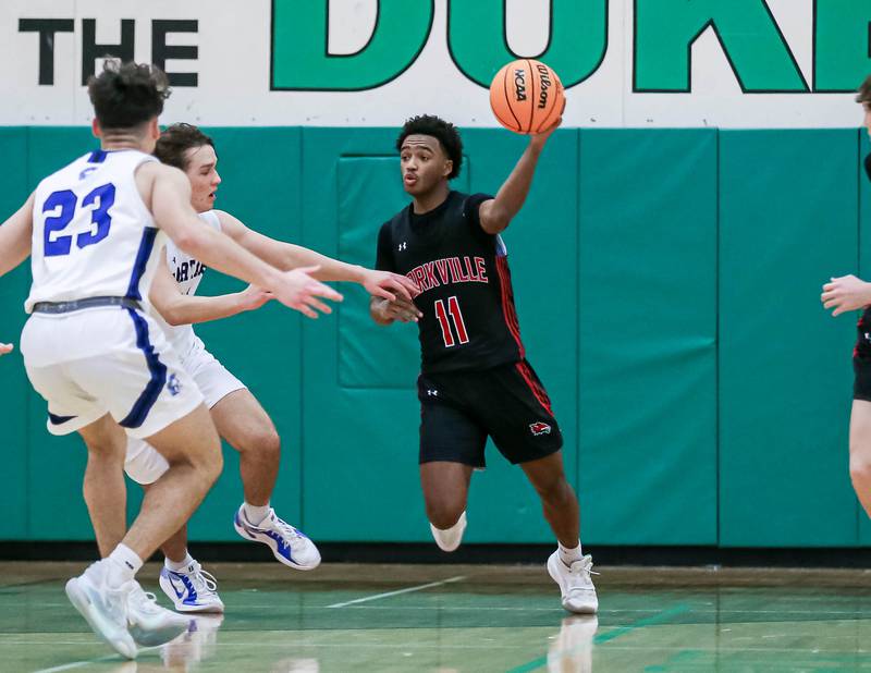 Yorkville's Christian Harrell (11) passes down court during their Jack Tosh Holiday Classic basketball tournament game between St Francis at Yorkville Thursday Dec 26, 2024 in Elmhurst.