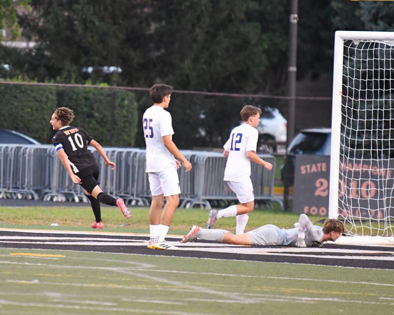 Wheaton Warrenville South's Semin Razman (10) is all smiles after scoring a goal in the game against Wheaton North on Thursday Sept. 11, 2025, held at Wheaton Warrenville South.