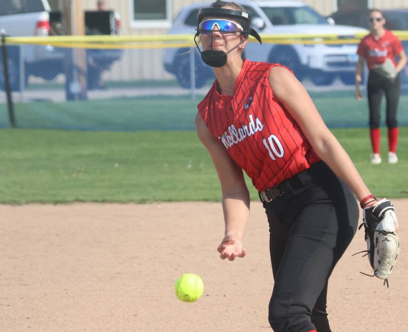 Henry-Senachwine's Rachel Eckert lets go of a pitch to Marquette on Thursday, April 23, 2026 at June Cross Field in Ottawa.