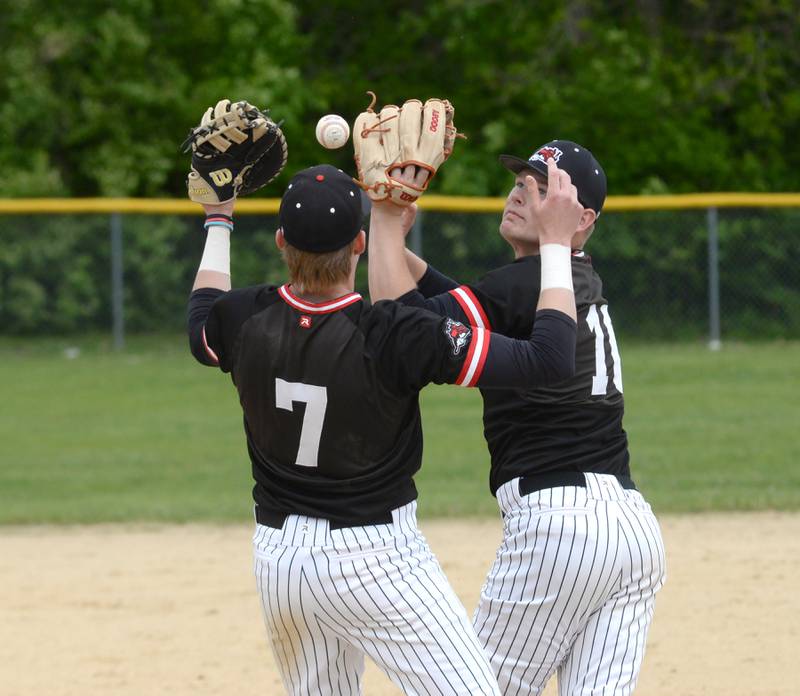 Fulton's Dom Kramer and Jacob Huisenga collide on a pop fly at the 1A Amboy Regional on Saturday, May 24, 2025.