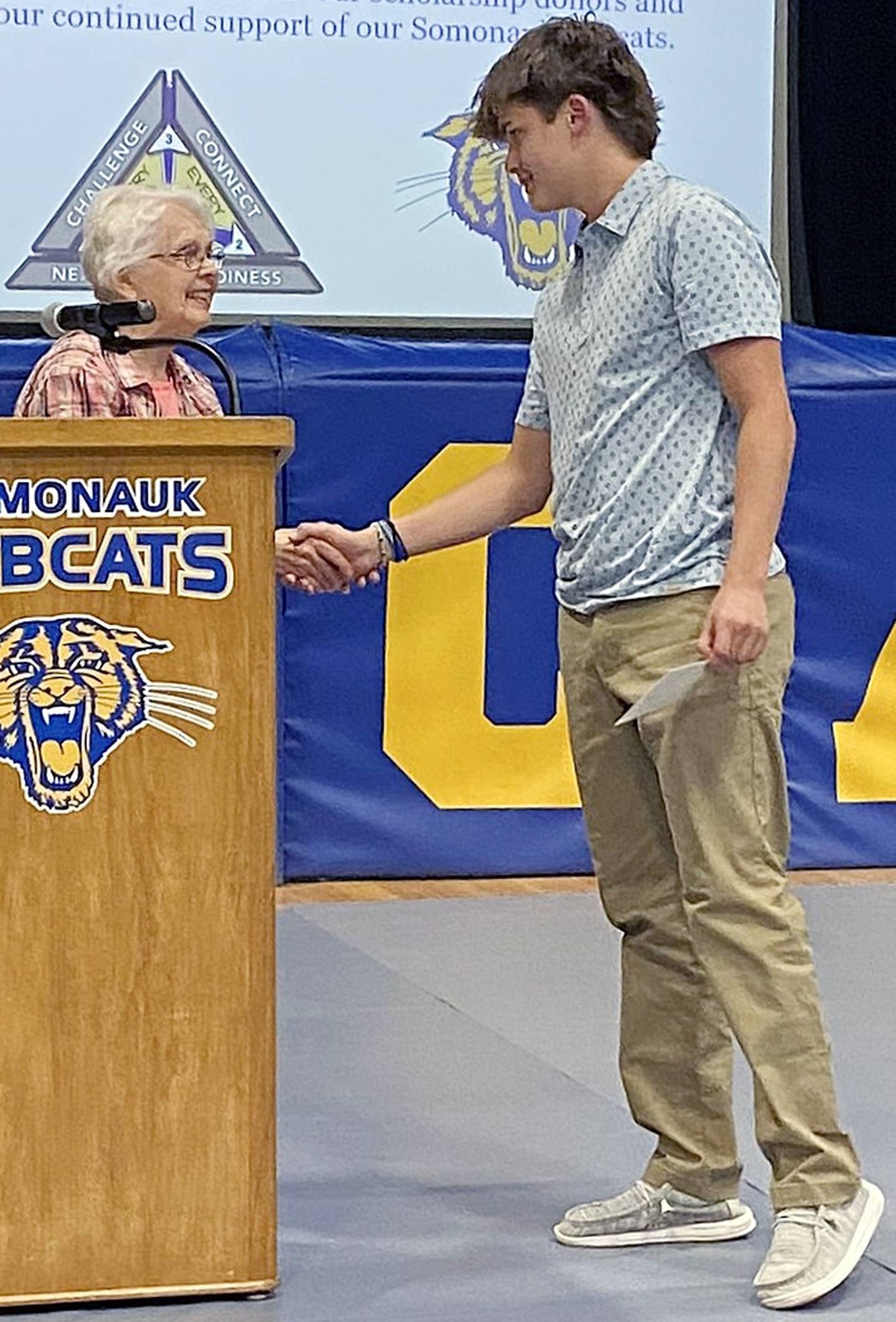 Scholarship donor Myrtie Warren (left) and  Bobcat Scholarship recipient Benson Gudmunson