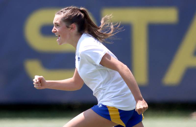 Johnsburg’s Charlie Eastland celebrates after scoring the winning goal against Willows Academy in IHSA Class 1A Supersectional soccer action at Dominican University in River Forest on Saturday, May 31, 2025.