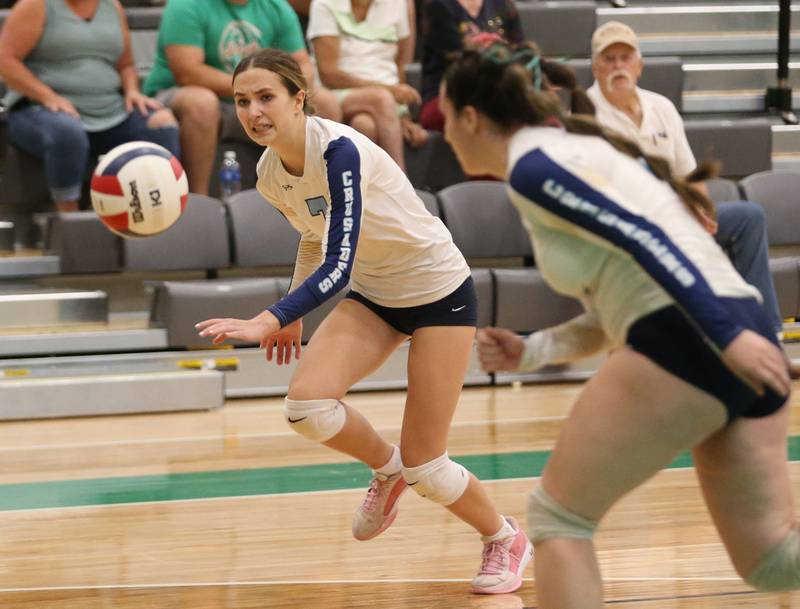 Marquette's Kaitlyn Davis and teammate Makayla Backos chace after the ball as it falls behind them while playing Seneca on Thursday, Sept. 19, 2024 at Seneca High School.