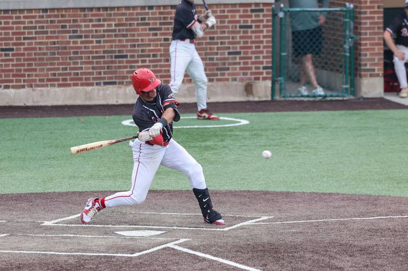 Bradley-Bourbonnais’ Ty Alderson connects for a hit during the Boilermakers’ 2-0 loss to Normal Community in the IHSA Class 4A Illinois Wesleyan University Sectional semifinal on Thursday, June 5, 2025.