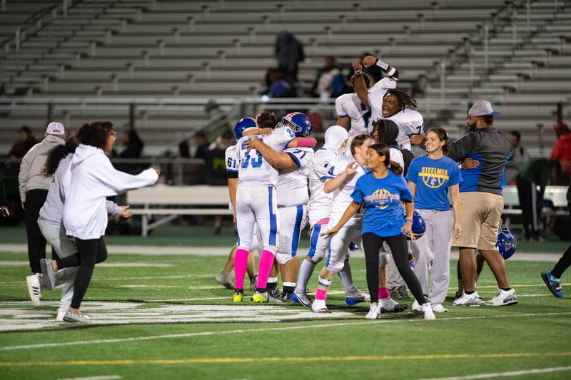 Joliet Central Celebrates their win against Plainfield Central on Friday Oct. 11, 2024 at Plainfield Central High School. This was Joliet Centrals first win since 2019