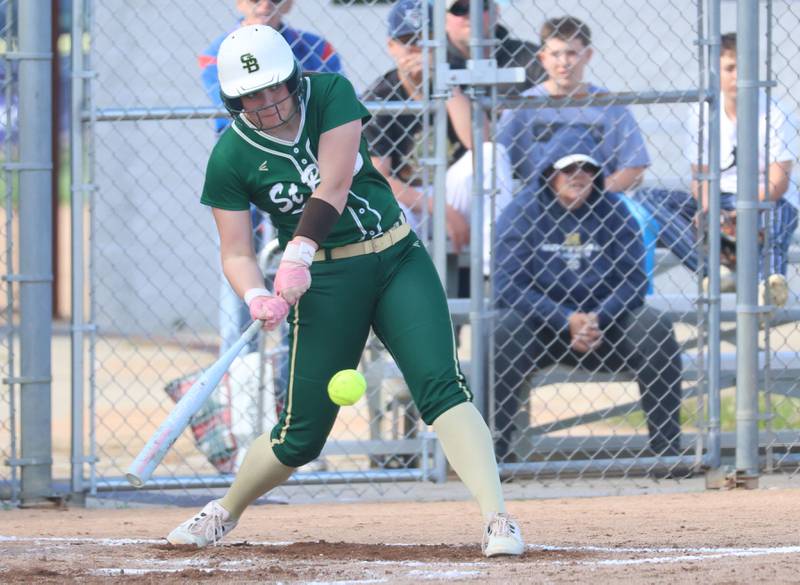 St. Bede's Jillian Pinter makes contact with the ball on Tuesday, April 23, 2026 at June Cross Field in Ottawa.