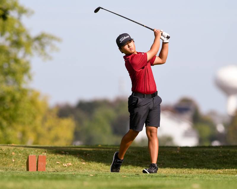 Even Lee of Plainfield North watches his drive during the Plainfield Central regional on Wednesday Oct. 1, 2025, held at Wedgewood Golf Course in Plainfield.