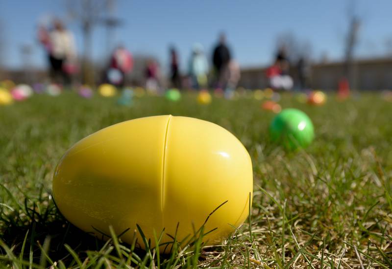 A plastic Easter Egg filled with goodies rests on the lawn in anticipation of the start of the egg hunt during the Batavia Egg Hop on Saturday, April 16, 2022.