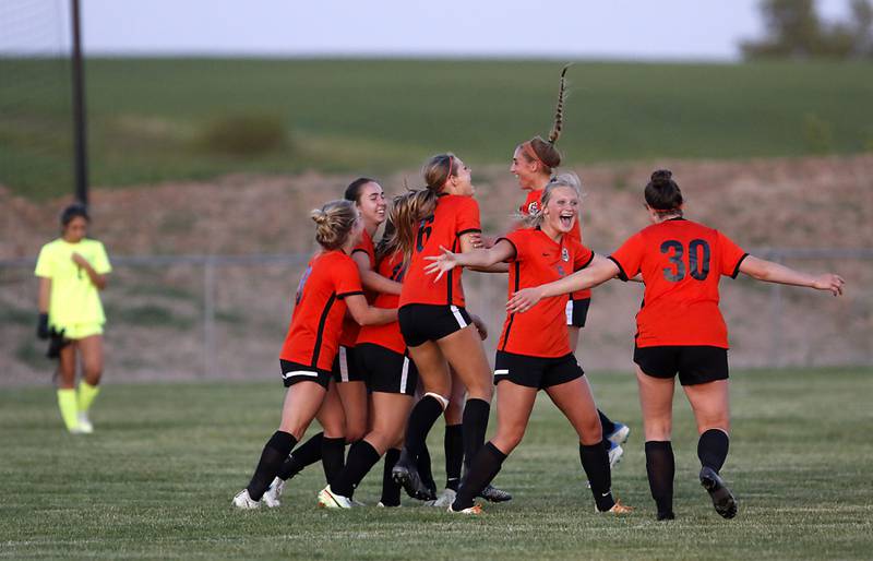 Crystal Lake Central celebrates their overtime  win in the  IHSA Class 2A Burlington Central Girls Soccer Sectional final match against Boylan Friday, May 26, 2023, at Burlington Central High School.