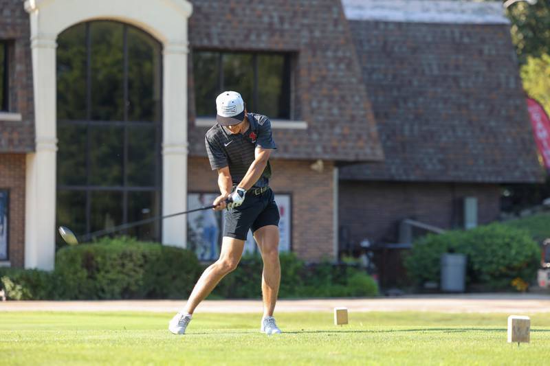 Bradley-Bourbonnais' Sam Frey tees off during the Boilermakers' match against Sandburg at the Kankakee Elks on Aug. 14, 2025.