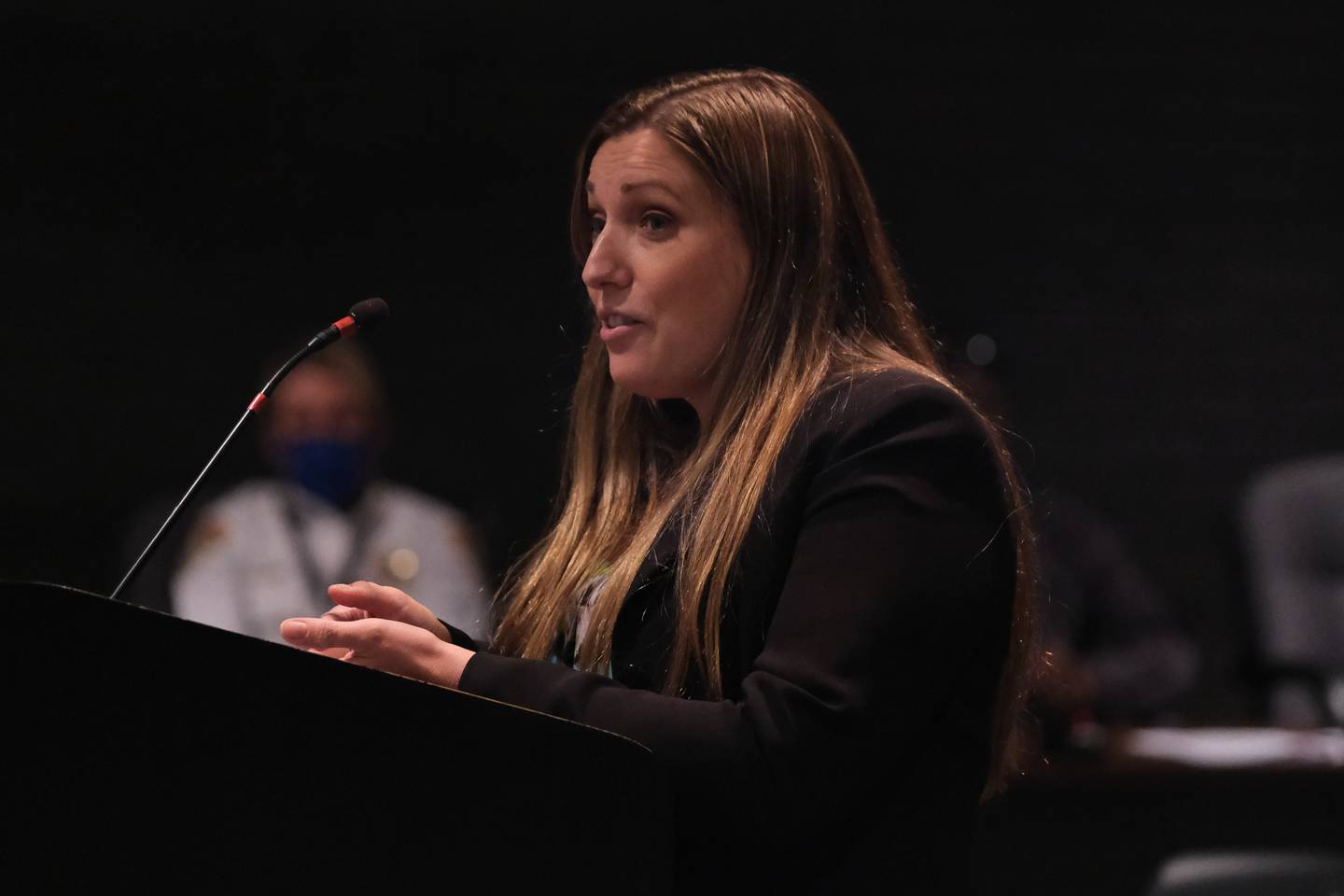 Will County Board Member Rachel Ventura speaks to the committee regarding the Police Department Citizen Advisory Board proposal at the Council Chambers in Joliet City Hall. Monday Nov. 8, 2021.