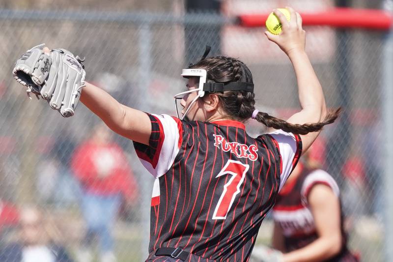 Yorkville's Peyton Levine (7) delivers a pitch during a nonconference softball game against Antioch at Yorkville High School on Saturday, April 12, 2025.