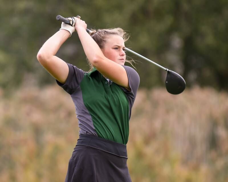 Plainfield Central Riley Freischlag tees off during the front half of the regional match on Thursday Sep. 28, 2023, held at Whitetail Ridge in Yorkville.