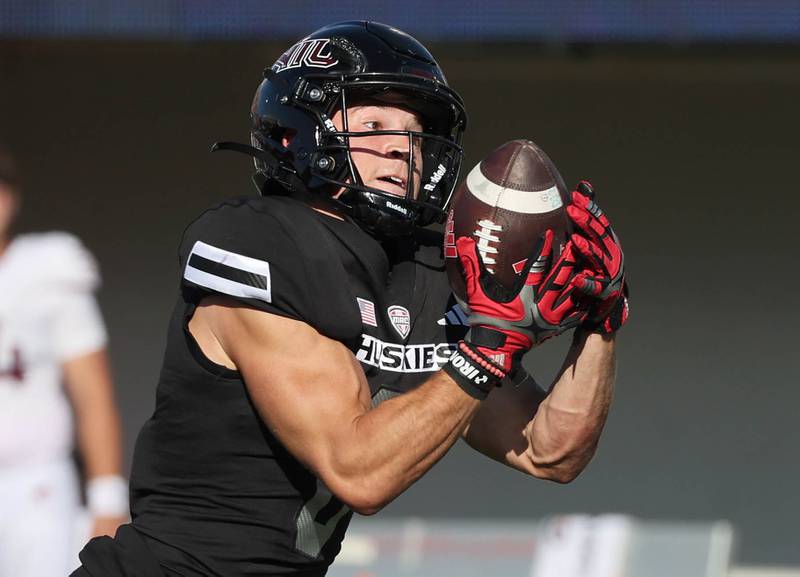 Northern Illinois' Kacper Rutkiewicz gets behind the Southern Illinois defense for a touchdown catch during their game Saturday, Sept. 9, 2023, in Huskie Stadium at NIU in DeKalb.