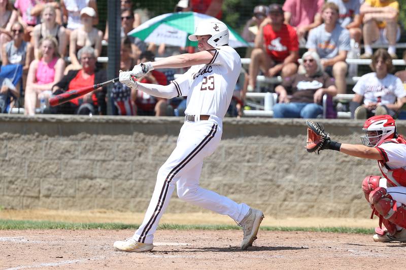 Joliet Catholic’s Trey Swiderski connects for a RBI triple against Spring Valley Hall in the Class 2A Geneseo Supersectional on Monday, May 29, 2023 in Geneseo.