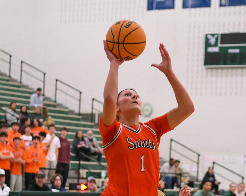 St. Charles East's Ari Bigda (1) makes a basket during the 4A Sectional championship game while taking on Glenbard West on Thursday Feb. 26, 2026, held at Bartlett High School.