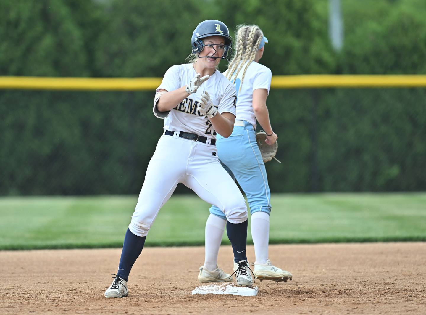Lemont's Avaree Taylor reacts on second base during the Lemont Class 3A sectional semifinal game against Joliet Catholic on Wednesday, May. 31, 2023, at Lemont.