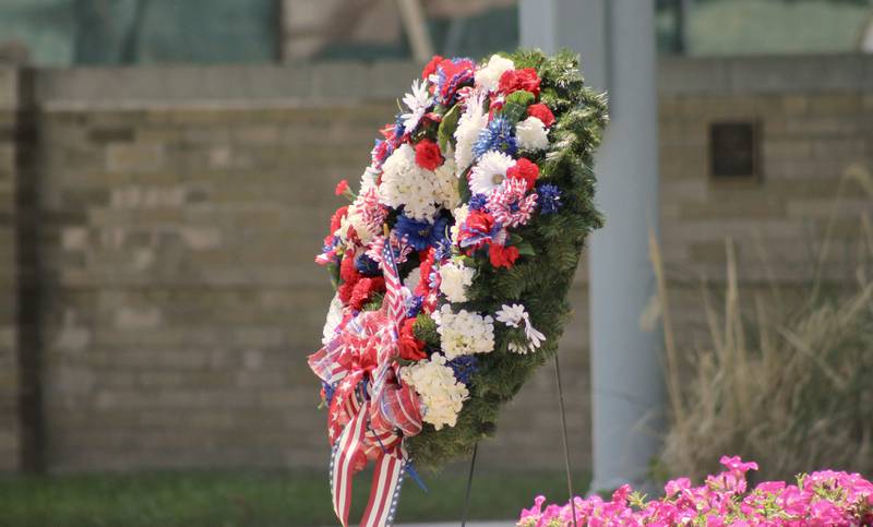The wreath that serves as the centerpiece of the Memorial Day observance Monday, May 29, 2023, at Grandon Civic Center in Sterling.