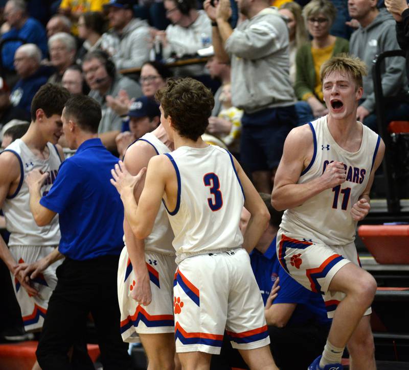 Eastland's Trevor Janssen (11) celebrates after the Cougars beat Polo  on Friday, Feb. 23, 2024 to win the 1A Forreston Regional championship held at Forreston High School.