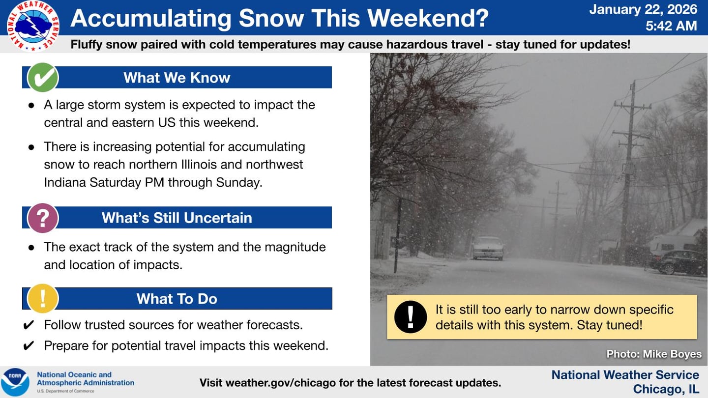 Accumulating snow is possible this weekend in northern Illinois, according to the National Weather Service