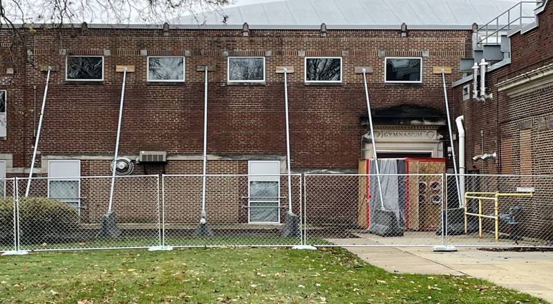 Braces stabilize the wall at Coal City Intermdiate School.