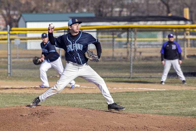 Kevin Croxford of Rockford Guilford throws a pitch against Dixon Monday, March 20, 2023.
