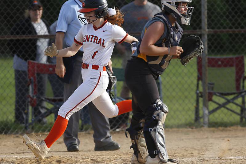 Crystal Lake Central’s Makayla Malone scores a run during the sixth inning of a nonconference softball game against Harvard Monday, May 15, 2023, at Crystal Lake Central High School.