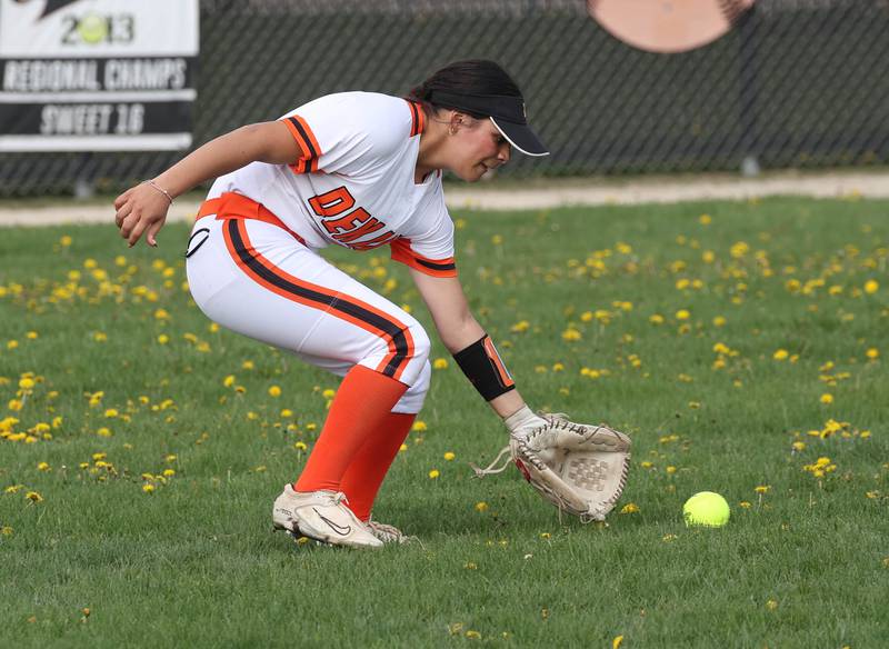 DeKalb's Isabel Aranda fields a ball in left Friday, May 2, 2025, during their game against Sycamore at DeKalb High School.